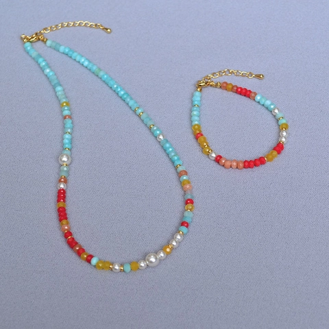 Collar Y Pulsera De Cuentas De Amazonita Y Perla Artificial Colorida Estilo Dopamina Verano Hecho A Mano Joyería Boho Mujer