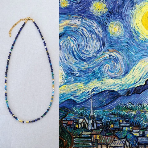 Collana di Perline in Lapis Lazzuli Ispirata alla Notte Stellata per Donna Artistico Vintage Fatto a Mano in Rame Placcato Oro Gioielli con Perle Artificiali