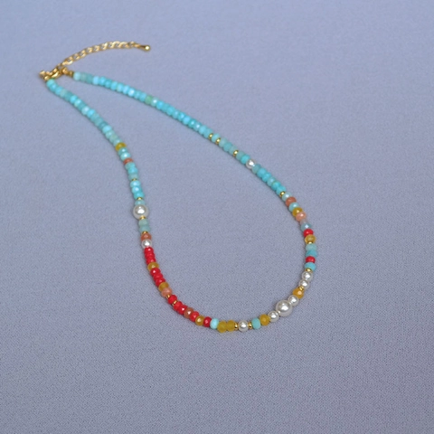 Collar Y Pulsera De Cuentas De Amazonita Y Perla Artificial Colorida Estilo Dopamina Verano Hecho A Mano Joyería Boho Mujer