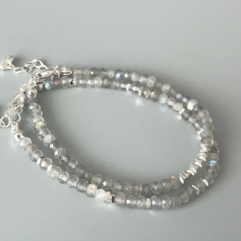 Vintage Bracciale Con Perline In Labradorite Grigia Sfaccettata Da Donna Minimalista Argentato Geometrico Distanziatore Regolabile Regalo Di Gioielli