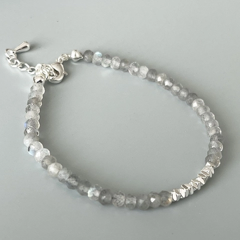 Vintage Bracciale Con Perline In Labradorite Grigia Sfaccettata Da Donna Minimalista Argentato Geometrico Distanziatore Regolabile Regalo Di Gioielli