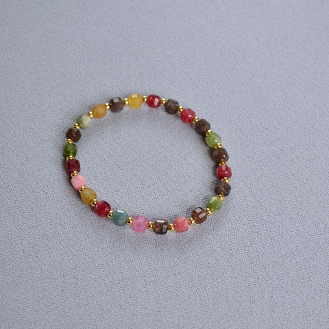 Bracelet Vintage Multicolore en Tourmaline Facettée Femme Géométrique Pierre Sucre en Cube Cuivre Plaqué Or Bijoux