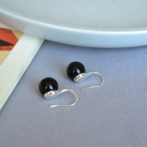 Minimalist Black Agate Drop Earring Women Silver Plated Copper Geometric Round Bead Dangle Earrings Retro Jewelry Gift