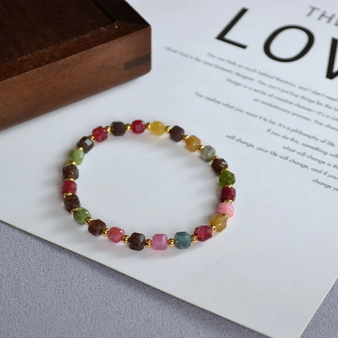 Bracelet Vintage Multicolore en Tourmaline Facettée Femme Géométrique Pierre Sucre en Cube Cuivre Plaqué Or Bijoux