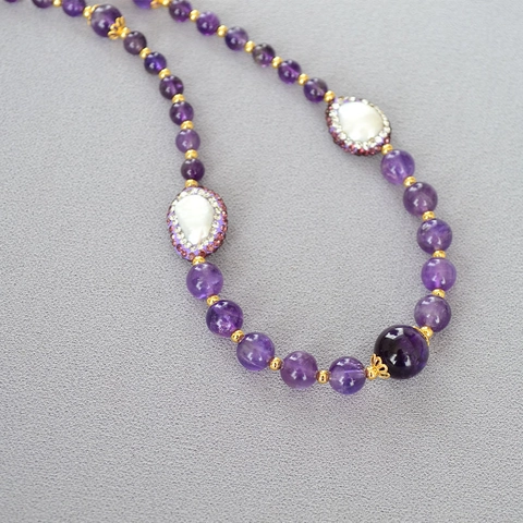 Collana E Bracciale In Ametista E Perla D'Acqua Dolce In Stile Etnico Gioielli Con Strass Viola Fatti A Mano Per Donna