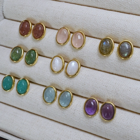 Orecchini a Bottone Vintage in Pietra Naturale Ovale Ottone Placcato Oro Perno in Argento 925 Ametista Quarzo Rosa Donna