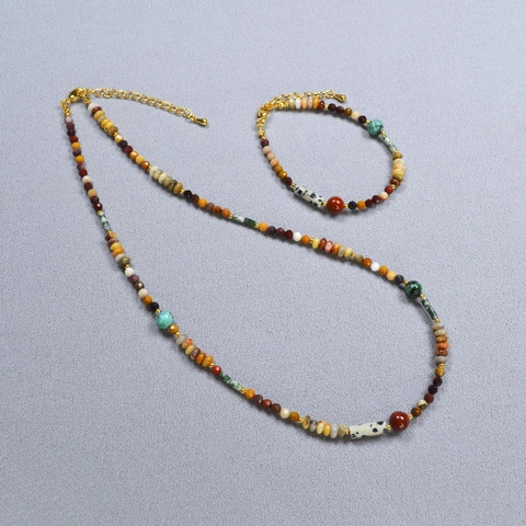 French Vintage Natural Stone Beaded Necklace Bracelet For Women Retro Aesthetic Gold Plated Geometric Handmade Jewelry Set