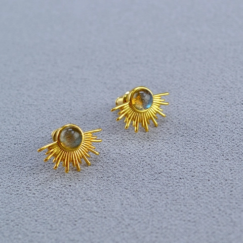Vintage Sunburst Brass Gold Plated Stud Earrings With 925 Sterling Silver Post Inlaid Labradorite Bohemian Women Jewelry