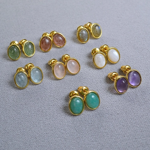 Orecchini a Bottone Vintage in Pietra Naturale Ovale Ottone Placcato Oro Perno in Argento 925 Ametista Quarzo Rosa Donna