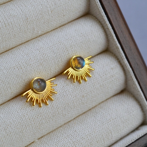 Vintage Sunburst Brass Gold Plated Stud Earrings With 925 Sterling Silver Post Inlaid Labradorite Bohemian Women Jewelry
