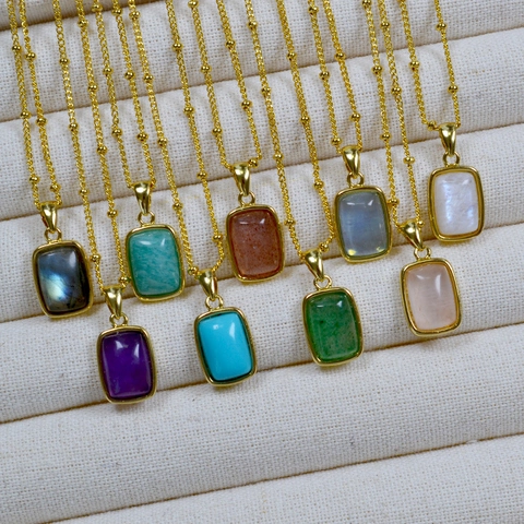 Collar de Colgante de Piedra Natural Rectangular Geométrico de Latón Chapado en Oro Retro Francés para Mujer Joyería