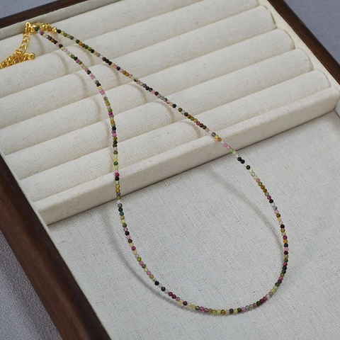 French Elegant Multicolor 2mm Tourmaline Beaded Necklace Handmade Alloy Pendant Clavicle Chain Jewelry For Women Gift