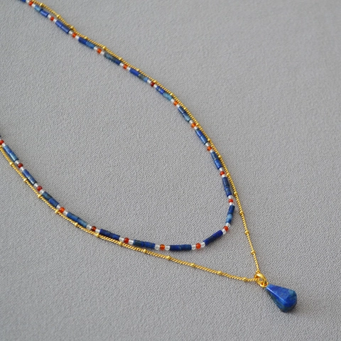 Collier Double Rang à Pendentif Perlé en Lapis-Lazuli Rétro pour Femmes Bijoux Faits Main en Cuivre Plaqué Or