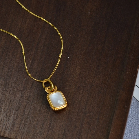 Französische Vintage Messing Vergoldet Facettiert Kristall Perlmutt Anhänger Halskette Geometrische Quadratische Stein Kette Damen Schmuck