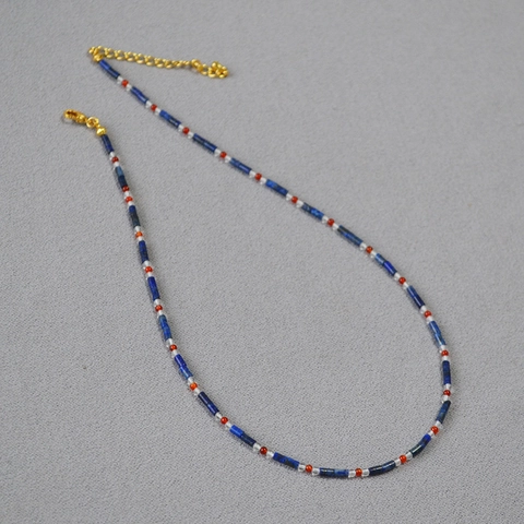 Collier Double Rang à Pendentif Perlé en Lapis-Lazuli Rétro pour Femmes Bijoux Faits Main en Cuivre Plaqué Or