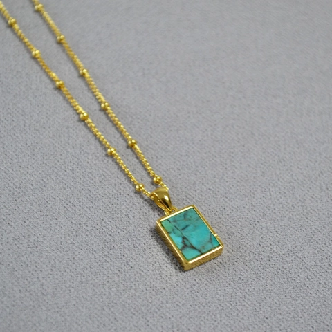 Collana con Pendente Rettangolare in Ottone Placcato Oro Vintage Turchese Pietra Imperiale Catena Satellite Gioielli Donna