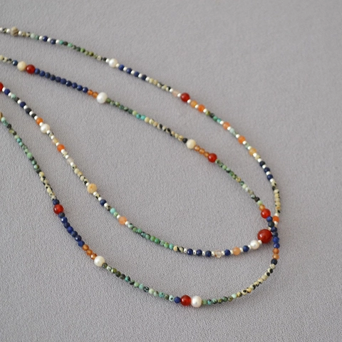Collana di Perle Artificiali Vintage Francese da Donna Multicolore Pietra Naturale Lapis Lazzuli Turchese Catena per Clavicicola Gioielli