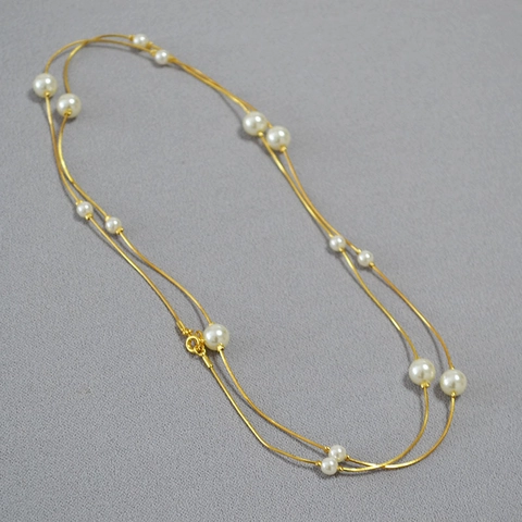 Elegant Gold Plated Brass Artificial Pearl Necklace For Women Minimalist Snake Chain Starry Night Neck Jewelry Office Commute Fashion Accessory