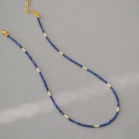 French Retro Lapis Lazuli Artificial Pearl Beaded Necklace For Women Elegant Faceted Blue Stone Alloy Choker Jewelry Gift