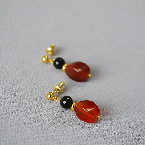 Pendientes de Botón Neochinos Vintage de Cuentas de Ágata Roja Negra Irregular Con Poste de Plata de Ley 925 Joyería Mujer