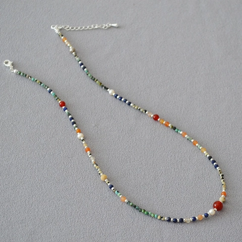 Collana di Perle Artificiali Vintage Francese da Donna Multicolore Pietra Naturale Lapis Lazzuli Turchese Catena per Clavicicola Gioielli