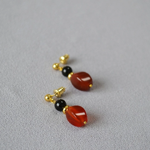 Pendientes de Botón Neochinos Vintage de Cuentas de Ágata Roja Negra Irregular Con Poste de Plata de Ley 925 Joyería Mujer