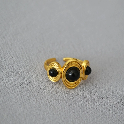 Anello Aperto in Ottone Placcato Oro 18K Vintage per Donna Gioielli con Anello Regolabile Geometrico in Agata e Lapislazzuli Intarsiati Retro