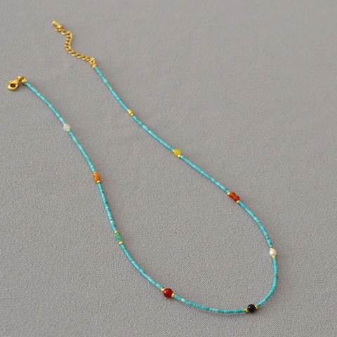 Collana Perline Turchese Fatta Mano Stile Corte Vintage Lega Rame Placcato Oro Perla Artificiale Gioielli Donna