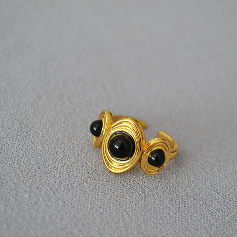 Anello Aperto in Ottone Placcato Oro 18K Vintage per Donna Gioielli con Anello Regolabile Geometrico in Agata e Lapislazzuli Intarsiati Retro