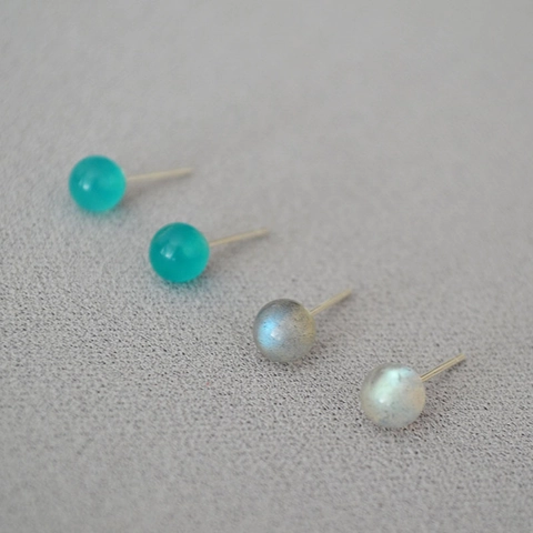 Pendientes de Botón de Piedra Natural Minimalistas Con Poste de Plata de Ley 925 Redondos Labradorita Amazonita Joyería Mujer