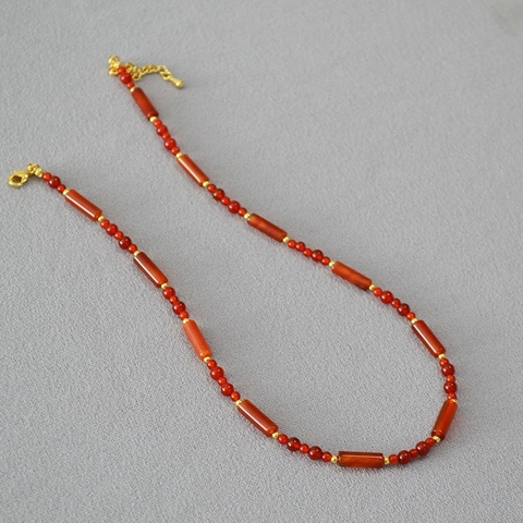 Collana di Perle in Agata Rossa Vintage per Donna Eleganti Accessori in Rame Placcato Oro Collana Girocollo Regolabile Fatta a Mano