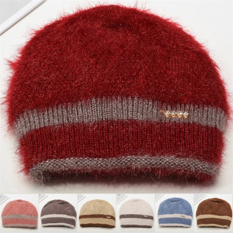Bonnet en Tricot Chaud d'Hiver pour Femmes Bonnet à Rayures Épaisses Avec Décoration en Strass Extérieur Doux et Thermique