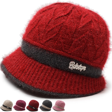 Women Winter Warm Polyester Knit Beanie Hat Thickened Fleece Lined Cable Knit Bucket Hat Rhinestone Letter Decor For Mother