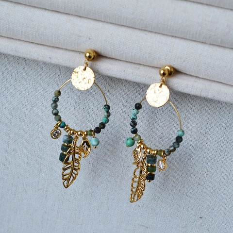 Bohemian Brass Gold Plated Leaf Dreamcatcher Drop Earrings With 925 Sterling Silver Post Turquoise Rhinestone Dangle Jewelry