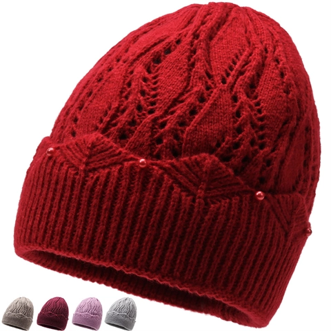 Bonnet en Maille Chaud d'Hiver pour Femmes Avec Perle Artificielle Crochet Ajouré Élégant pour Personnes Âgées