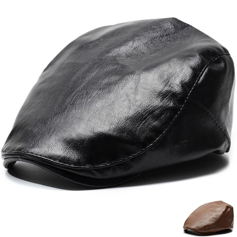 Vintage Unisex Solid Color Artificial Leather Beret Flat Cap British Style Adjustable Fashion Newsboy Hat For Men Women