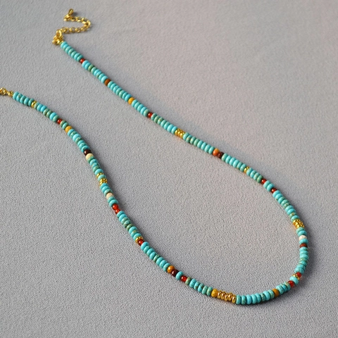Collana di Perline in Turchese Agata Diaspro Vintage per Donna Collana Bohemienne in Pietra Naturale Fatta a Mano con Perle Artificiali
