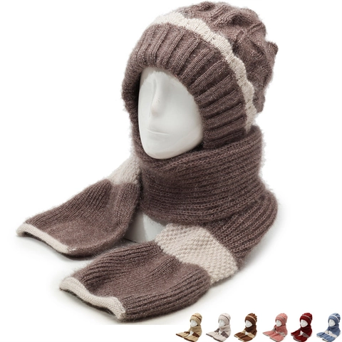 Set Sciarpa Cappello Integrato Invernale da Donna Foderato in Pile Spesso Caldo Maglia a Trecce Color Block Sciarpa con Cappuccio Protezione per le Orecchie Berretto in Maglia