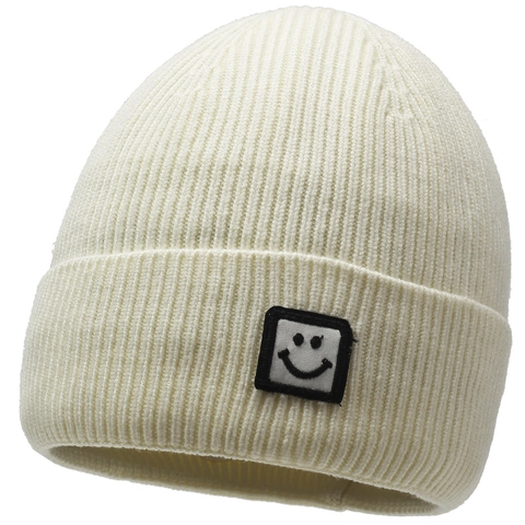 Bonnet en Maille avec Écusson Visage Souriant Style Japonais pour Hommes Femmes Chaud Hiver Maille Côtelée Ski Extérieur