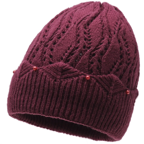 Bonnet en Maille Chaud d'Hiver pour Femmes Avec Perle Artificielle Crochet Ajouré Élégant pour Personnes Âgées