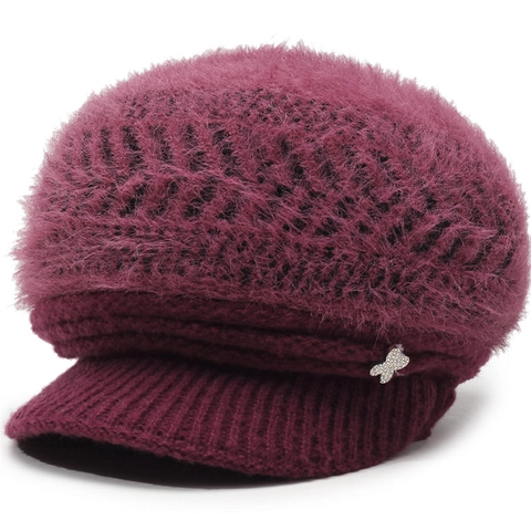 Women Winter Warm Knit Newsboy Hat Fleece Lined Artificial Fur Yarn Beanie Cap With Rhinestone Decoration For Middle-Aged