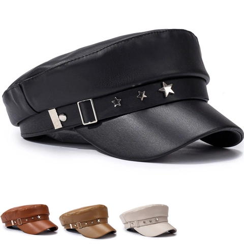Gorra de Vendedor de Periódicos de Cuero Artificial Vintage para Mujer Con Remaches de Estrellas Plateadas Cadena de Metal Diamantes de Imitación Sombrero Militar Plano
