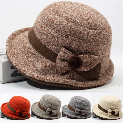 Cappello a Secchiello da Donna Vintage in Poliestere Cappello Cloche Invernale con Fiocco Pompon Elegante Bordo Arrotolato