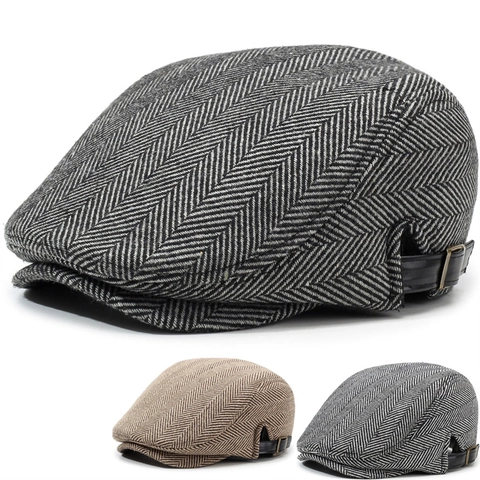 Casquette Gavroche Vintage à Chevrons pour Hommes Femmes Réglable Béret Plat Style Britannique Chapeau d'Hiver Chaud