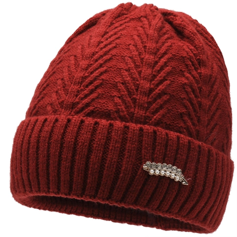 Winter Warm Knit Beanie Hat With Artificial Pearl Leaf Brooch Fleece Lined Thick Woolen Yarn Elderly Mom Hat For Women