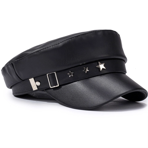 Gorra de Vendedor de Periódicos de Cuero Artificial Vintage para Mujer Con Remaches de Estrellas Plateadas Cadena de Metal Diamantes de Imitación Sombrero Militar Plano