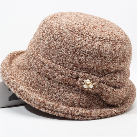 Cappello a Secchiello Invernale in Poliestere da Donna Ricamato a Mano Caldo Cappello in Pile Con Fiocco Perla Artificiale Strass per Donna