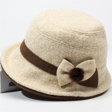Cappello a Secchiello da Donna Vintage in Poliestere Cappello Cloche Invernale con Fiocco Pompon Elegante Bordo Arrotolato