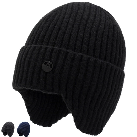Bonnet En Tricot D'Hiver Pour Hommes Doublé De Polaire Chaud Épais Avec Protection Des Oreilles Pour Ski Couleur Unie