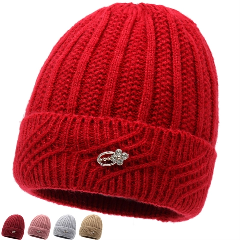 Bonnet Tricoté Chaud Pour Femmes Hiver Doublé Polaire Couvre-Chef Thermique Épais Avec Décoration De Fleurs En Strass Pour Mères Âgées